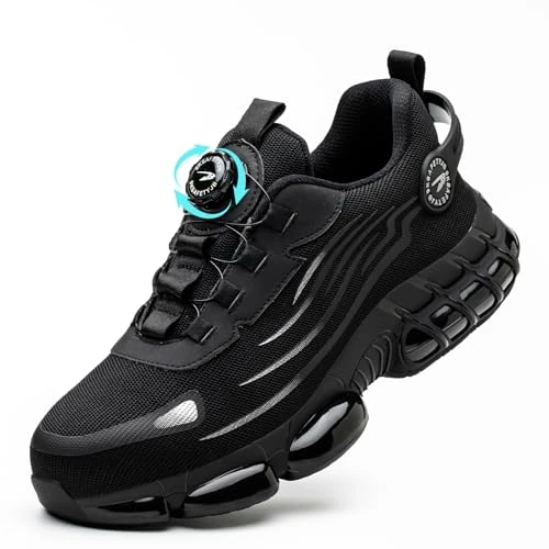 GemChve Werkschoenen Veiligheidsschoenen Mannen Vrouwen Stalen Teen Anti-Smashing Lichtgewicht Sportief Ademend Zelfremmend Snel Fastening Fashion Beschermende Schoenen Black 45 EU