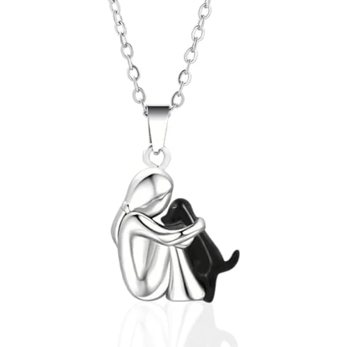 MYGLOAR Halskette, Mädchen und Hund Umarmungskette, 925 Sterling Silber Tier Halskette Anhänger, Geschenk für Mädchen, Tochter, Mutter, Freunde (Schwarz 1)