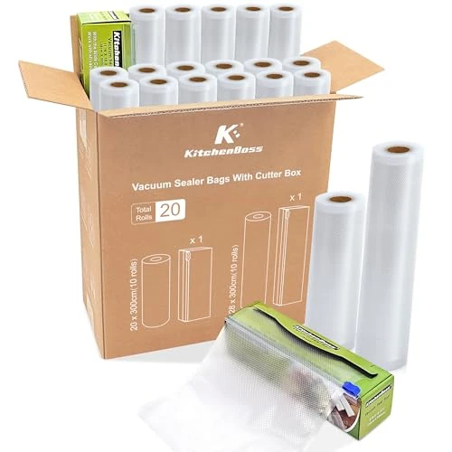 Worki do pakowania próżniowego KitchenBoss, 20 rolek, z 2 pudełkami do cięcia: rolki do pakowania próżniowego 20 x 300 cm (10 szt.) + 28 x 300 cm (10 szt.) do pakowania próżniowego