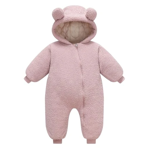 Happy Cherry Combinaison de Neige à Capuche pour Bébé Grenouillère d'hiver en Polaire Nouveau-né Fille Garçon Zippée Fleece Barboteuse Rose 12-18 Mois