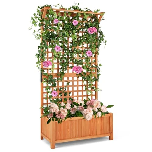 Offerta a tempo: HOMASIS Fioriera con Grigliato e Tetto in Legno, Vaso Rettangolare da Esterno con Fori di Drenaggio, Orto Verticale per Piante Rampicante da Terrazza, Balcone (Naturale, 90 x 44,5 x 183,5 cm) - 56% da 279.99 € a 124.19 €