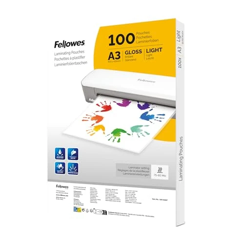 Limited-time offer: Fellowes A3 Laminating Pouches – 100 Pack Gloss Finish – Laminator Sheets for Home, School or Office – Ideal for Posters, Signs & Documents – Compatible with All Laminators from 12.99 £ to 11.04 £ (save 15%)
