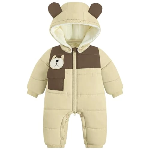 WYTbaby Sneeuwpak voor baby's, overall, winter, dik, warm, winddicht, winterpak met capuchon, voor baby's, jongens en meisjes, 6-24 maanden, donkerbruin, 9–12 Monate