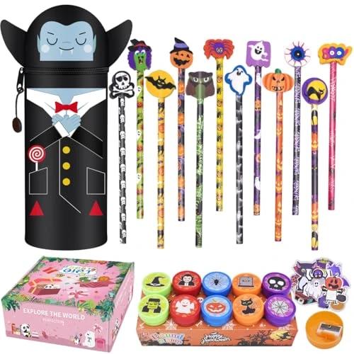 Kawaii 2 in 1 Soft Silicone School Pencil Case, Includes 12 Halloween Pencils, 6 Halloween Erasers, 1 Pencil Sharpener for Party Bags in Bulk for Kids Trick or Treat Party (5)