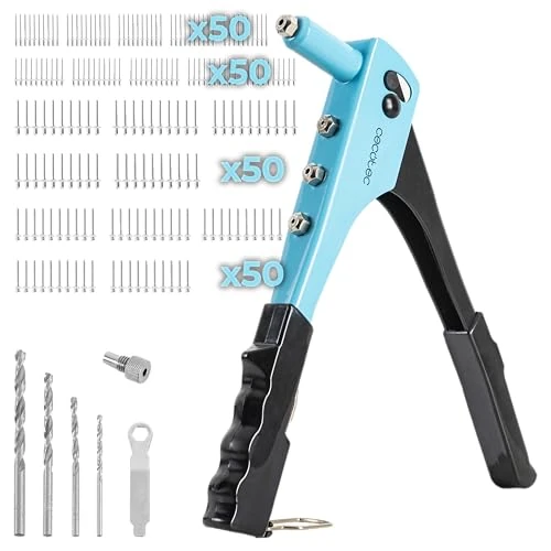 Cecotec FixerForce Manual Riveter - Includes 4 Different Size Nozzles (2.4, 3.2, 4, 4.8mm) and 4 Drills, 400 Rivets Included, Adjustment Wrench Included