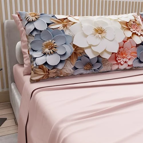 PETTI Artigiani Italiani - Cotton Sheets with Pillowcases in Digital Print, Double Bed Sheet, Double Bed Set, Floral 1 Light Powder, 100% Made in Italy