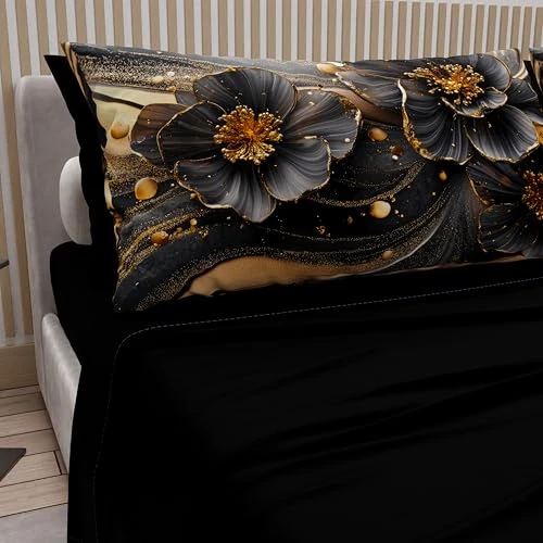 Petti Artigiani Italiani - Sábanas de algodón con Fundas de Almohada de impresión Digital, sábanas de una Plaza y Media, Juego de Cama de una Plaza y Media, diseño Floral 22 Negro, 100% Made in Italy