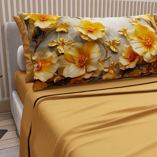 PETTI Artigiani Italiani - Lenzuola in Cotone con Federe in Stampa Digitale, Lenzuola Letto Singolo, Completo Letto Singolo, Floreale 17 Giallo Ocra, 100% Made in Italy
