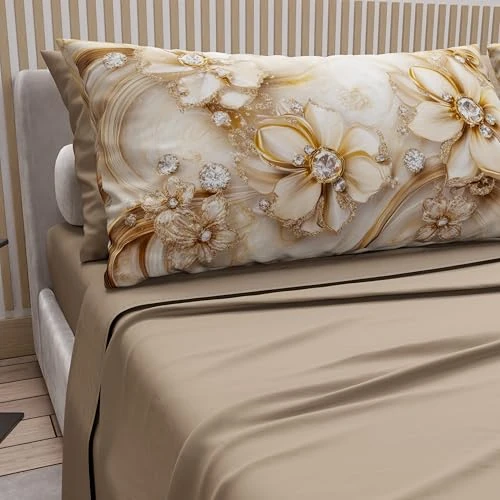Zeitlich begrenztes Angebot: PETTI Artigiani Italiani - Bettwäsche aus Baumwolle mit Kissenbezügen mit Digitaldruck, Bettlaken für französisches Bett, Bettwäsche-Set für französisches Bett, Blumenmuster 13 Taupe, 100% Made in von 79.44 € auf 14.45 € (81.8