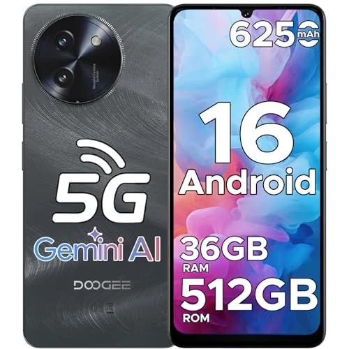 DOOGEE Note 59 Pro+ Smartphone 5G Android 16 Gemini AI, 512 GB ROM + 36 (12 + 24) GB RAM Handy, 6250 mAh 6,75 Zoll HD+120 Hz Bildschirm Telefone 50 MP + 8 MP, Face Unlock/Fingerprint/NFC, Schwarz