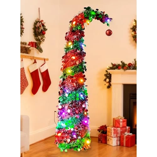 Domigard Artificial Christmas Tree with Lighting, 5 ft / 150 cm Height - Pop-Up Christmas Tree Pine Green Foldable with Christmas Tree Baubles & Star Topper - Christmas Decoration (Red)