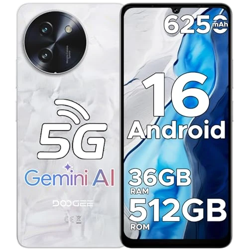 DOOGEE Note 59 Pro+ Smartphone 5G Android 16 Gemini AI, 512 GB ROM + 36 (12 + 24) GB RAM Handy, 6250 mAh 6,75 Zoll HD+120 Hz Bildschirm Telefone 50 MP + 8 MP, Face Unlock/Fingerprint/NFC, Weiß
