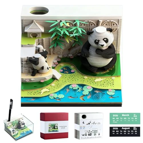 Yuning 2026 Calendrier 3D de Bureau,Calendrier de Bureau Créatif 3D Panda calendrier Hebdomadaire de bureau 2026,Bloc Note 3d D'art À Déchirer Papier Sculpture Memo Pad,Décoration d'intérieur Cadeau