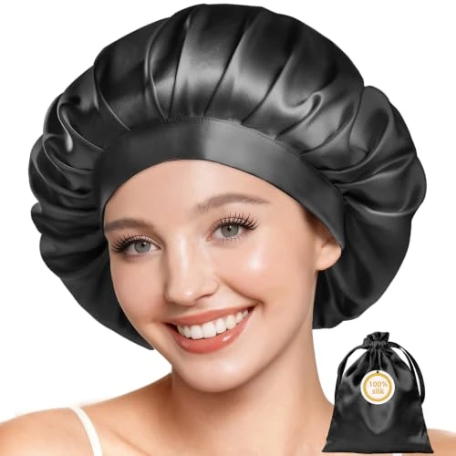 Offerta a tempo: Kaome Berretto da Notte in Seta 22 Momme 100% Seta di Gelso, Berretto per Capelli Regolabile Doppia Faccia, Per Capelli Ricci e Lunghi, Morbido e Antiscivolo, Traspirante con Sacchetto (Nero) - 0.00% da 29.99 € a 29.99 €
