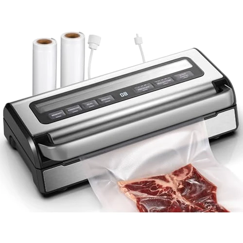 Vacuum Sealer 95 kPa, 9-in-1 Feeding Vacuum Machine with Adjustable Time/Pressure Mode, Memory Function, Double Seal, Pocket Cutter and Built-in Storage, Including 2 Bag Rollers & Hose