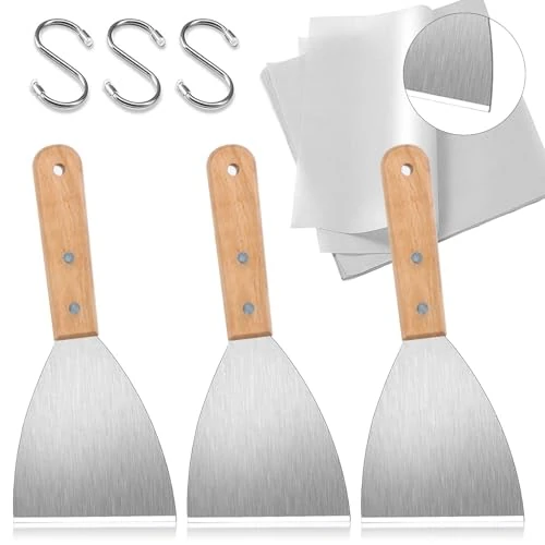 3 Pcs Spatule Cuisine, Spatules pour Hamburgers, Grattoir Spatules en Acier Inoxydable avec Manche en Bois, Larges Spatule à Hamburger pour Barbecue BBQ, 3 Crochets en S et 20 Feuilles à Burger