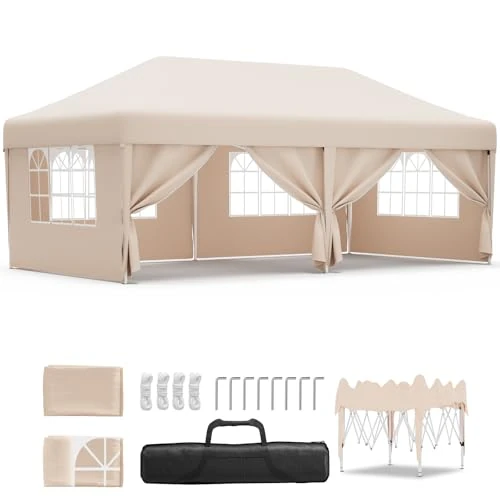 JUMMICO Opvouwbaar tuinpaviljoen, 3 x 6 m, waterdicht en winterbestendig, met 3 verstelbare hoogtes, inclusief draagtas voor camping, feestjes en strand, draagbaar, beige