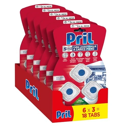 Offerta a tempo: Pril 5in1 Tabs Cura Lavastoviglie a Carico Pieno (6 confezioni da 3 tab), Anticalcare e Decalcificante per una Pulizia Profonda e Igiene Ottimale - 0% da 20.94 € a 20.94 €