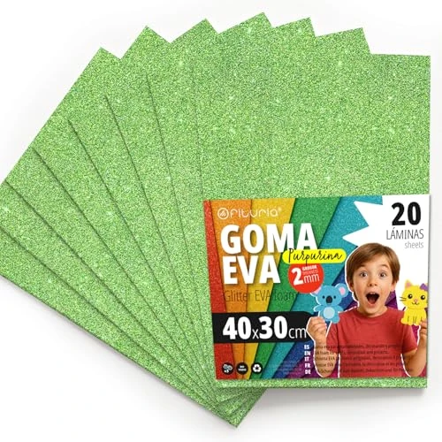 Offerta a tempo: OFITURIA Fogli di Gomma Eva Glitterata per Lavoretti Creativi, Progetti Scolastici, Scrapbooking e Decorazioni Artistiche 40x30cm (Verde Chiaro Glitterato, 20 pz) - 0.00% da 24.02 € a 24.02 €