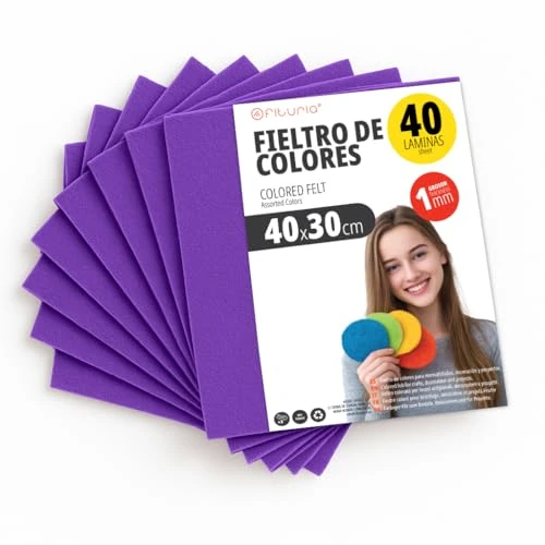 OFITURIA Fieltro para Manualidades DIY, Láminas de Tela de Colores Suaves y Flexibles para Costura, Patchwork, Proyectos Escolares, Arte Textil y Decoración 40x30cm (Morado, 40 uds)
