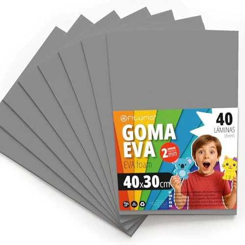 OFITURIA Fogli di Gomma Eva Colorata per Lavoretti Creativi, Fai-da-te, Progetti Scolastici, Scrapbooking, Decorazioni Artistiche e Biglietti 40x30cm (Grigio, 40 pz)