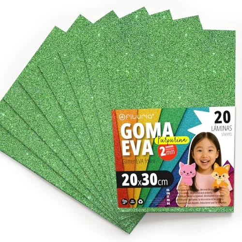 OFITURIA Glitzer-Moosgummi für Bastelarbeiten, Bunter Schaumstoff mit Glitzer für DIY, kreative Projekte, Kunst und Schule 20x30cm (Grün, 20 Stk)