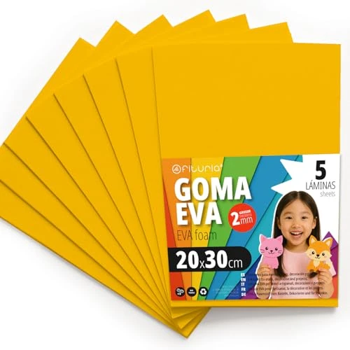 OFITURIA Eva Rubber for School and Creative Crafts, Coloured Foam Sheets for DIY Projects, Art, Children's Decoration, Scrapbooking, Craft Designs 20 x 30 cm (Yellow, 5 Pcs)