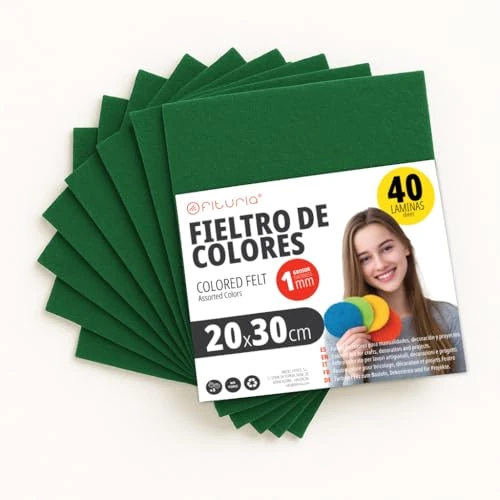 Offerta a tempo: OFITURIA Feltro Colorato per Artigianato, Fai-da-te, Progetti Scolastici, Scrapbooking, Cucito Creativo e Decorazioni 20x30cm (Verde Scuro, 40 pz) - 0.00% da 14.85 € a 14.85 €