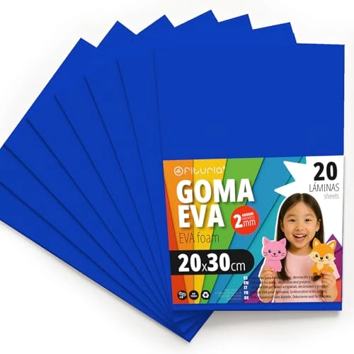 OFITURIA Moosgummi für Bastelarbeiten und Schulprojekte, Farbiges Schaumstoff ideal für DIY, Dekoration, Scrapbooking und kreative Projekte 20x30cm (Blau, 20 Stk)