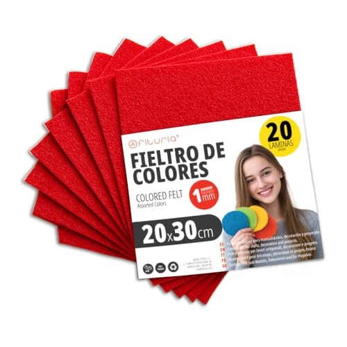 Offerta a tempo: OFITURIA Feltro Colorato per Artigianato, Fai-da-te, Progetti Scolastici, Scrapbooking, Cucito Creativo e Decorazioni 20x30cm (Rosso Vivo, 20 pz) - 47% da 16.95 € a 9.00 €