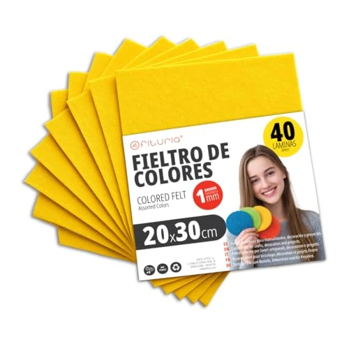 OFITURIA Feltro Colorato per Artigianato, Fai-da-te, Progetti Scolastici, Scrapbooking, Cucito Creativo e Decorazioni 20x30cm (Giallo, 40 pz)