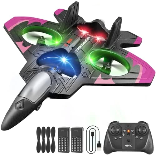 4DRC V32 Avion RC en Mousse avec lumières, 2 Piles incluses, Flip 360°, système gyro de stabilisation, 3 Vitesses régl., Avion de Chasse RC Jouet-Cadeau pour Enfants, débutants & Adultes, Rose