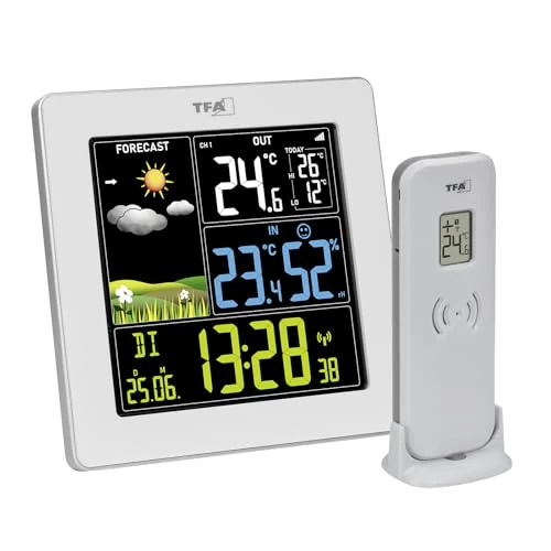 TFA Dostmann Stazione meteo con sensore esterno SUN2, digitale wireless, 35.1174, temperatura interno, esterno, ampio display a colori, con clima ambiente, orologio con data, igrometro, bianco
