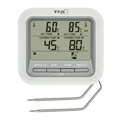 Tijdelijke aanbieding: TFA Dostmann Digitale grillthermometer Braadthermometer, 14.1516, met 2 roestvrijstalen sondes, vleesthermometer voor oven en grill, tot 300 °C, met alarmfunctie, rund/varken/kip/vis, wit van 19.89 € naar 19.89 € (0.00% korting)