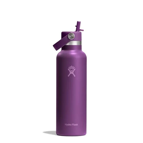 Hydro Flask Standardowa butelka ze słomką 621 ml – stal nierdzewna, szczelna, kompatybilna z uchwytem na kubek – izolowana zimna przez 24 godziny – śliwka plażowa
