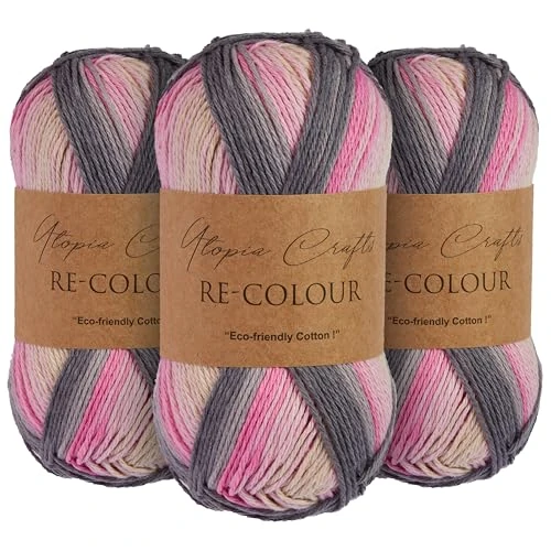 Utopia Crafts Re-Colour Ombre - Filato per lavoro a maglia e uncinetto, 3 confezioni da 100 g (fiori grigi)