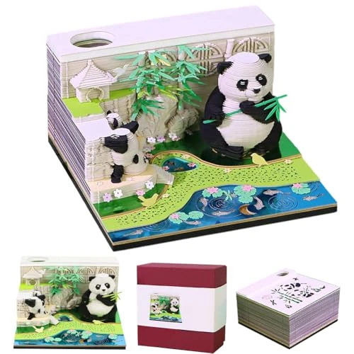 Blocco appunti 3D Panda, calendario 3D strappabile 2026, blocco notes da tavolo creativo, memo-pad con portapenne, calendario settimanale in scultura di carta per desktop ornamento (Bamboo Garden