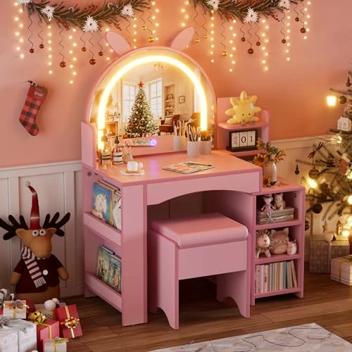 Toeletta Trucco Bambina 3 in 1, Postazione Trucco con luci LED a 3 Colori Specchiera per Ragazza in Legno con Spazi Contenitivi Toeletta per Bambini con Specchio, Sgabello per 8 Anni+ 40*80*102CM,Rosa