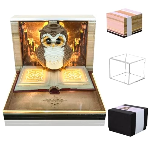 Calendario 3D, bloc de notas 3D arrancar 2026, bloc de notas con luz, escultura de papel, regalo de bricolaje (búho)