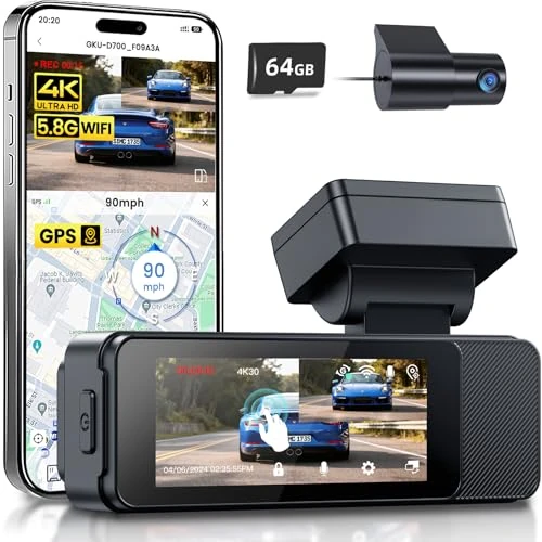 Offerta a tempo: GKU 4K+1080P Dash Cam Auto,5,8GHz WiFi dash cam con Touchscreen da 3.18",GPS Integrato,Visione Notturna — 29% da 139,99 € a 99,99 €