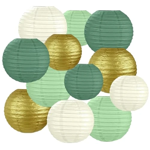 AOOSA Lanterne di carta, 12 Lanterna di Carta Rotonde da Appendere, 15, 20, 25 cm Lanterne Cinesi da Decorazione per decorazioni per la casa, feste, matrimoni, festival(Oro, Avorio, Verde Salvia)