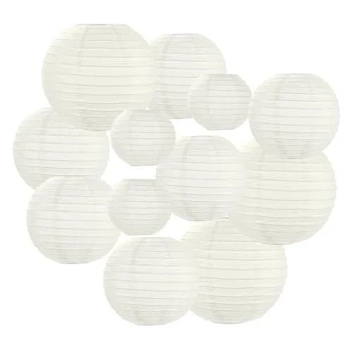 AOOSA Farolillos de Papel Blanco, 12 Redondas Linternas de Papel Colgantes, 25 20 15 10 cm Linternas Decorativa para Decorar el hogar, Fiestas, Bodas y Festivales(Blanco)