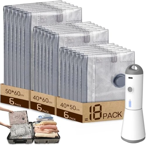 Offerta a tempo: Vacbird Sacchetti Sottovuoto Vestiti con Pompa Sottovuoto Senza Fili, 18 Pezzi (6 * 40x50cm, 6 * 40x60cm, 6 * 50x60cm), Riutilizzabile Buste Sottovuoto Vestiti da Viaggio per Maglioni, Camicia, Viaggi - 22% da 45.99 € a 36.09 €