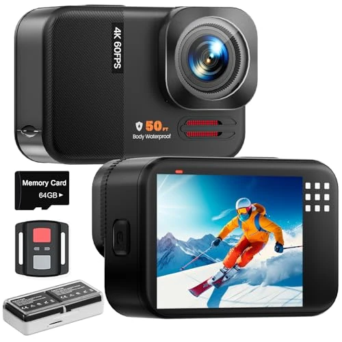 4K 60FPS 48MP Action Cam, 50FT onderwatercamera met touchscreen, waterdichte camera, EIS-stabilisatie, helmcamera met 64 GB kaart, 8 x zoom, 170 graden groothoek, wifi, actiecamera, accu en