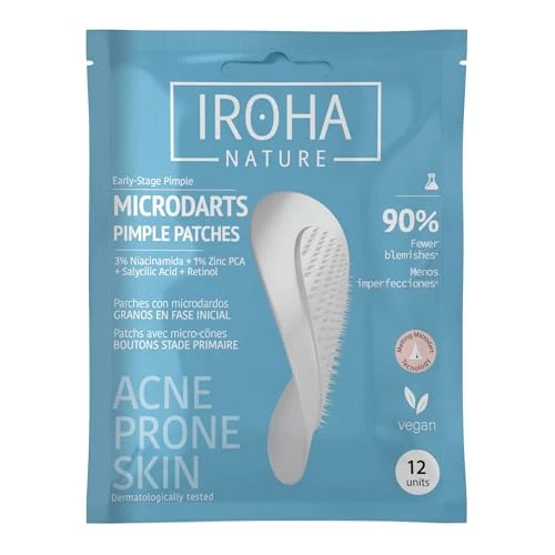 IROHA NATURE - Plastry na ziarna bez białej końcówki z mikrodartami 12 sztuk | Leczenie trądziku kwasem salicylowym, niacynamidem, cynkiem PCA, Retinolem i kwasem hialuronowym