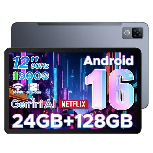 DOOGEE U12 Tablet 12 Zoll, Android 16, 90 Hz 2000 x 1200 24 GB RAM + 128 GB ROM/TF 2 TB, Octa-Core PC, 5G WiFi/9000 mAh/Gemini AI/Widevine L1/13MP+8MP/OTG/BT5/FACE ID/Dual Lautsprecher/3.5 mm Klinke