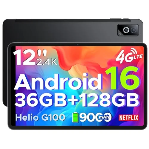 DOOGEE Tab G6 Pro Tablet 12 Zoll, Android 16, 90Hz 2.4K 36GB RAM + 128GB ROM/TF 2TB, Helio G100 Octa-Core PC mit SIM, 4G LTE/5G WIFI/9000mAh/Gemini AI/13MP+8MP/OTG/FACE ID/Dual Lautsprecher