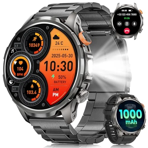 Oferta limitada: Reloj Inteligente Hombre Militar con Llamadas, 1000mAh Smartwatch Hombre con 1,91" AMOLED/5ATM Impermeable/LED Linterna/110+ Modos Deportivos/SpO2/Pulsómetro/Sueño/Pulsera Actividad Android iOS Negro de 99.99 EUR a 44.20 EUR (ahorro 56%)