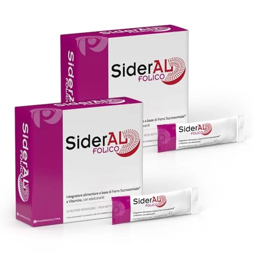 SiderAL Folico Integr. Alimentation à base de fer sucrosomale, Acide folique Quatrefolic, Vitam. B12, D, C, pour femme, grossesse, allaitement, cycle menstruel, 20 + 20 busts