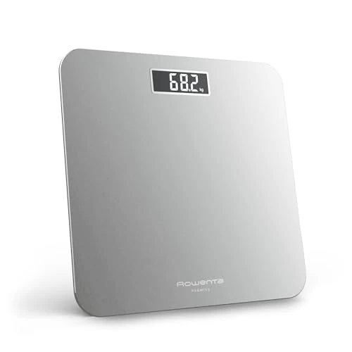 Rowenta Premiss 2.0 - Báscula de baño con pantalla LCD fácil de leer, capacidad de 160 kg, diseño moderno y funciones inteligentes, auto encendido y apagado automático, color plateado, BS1801V0